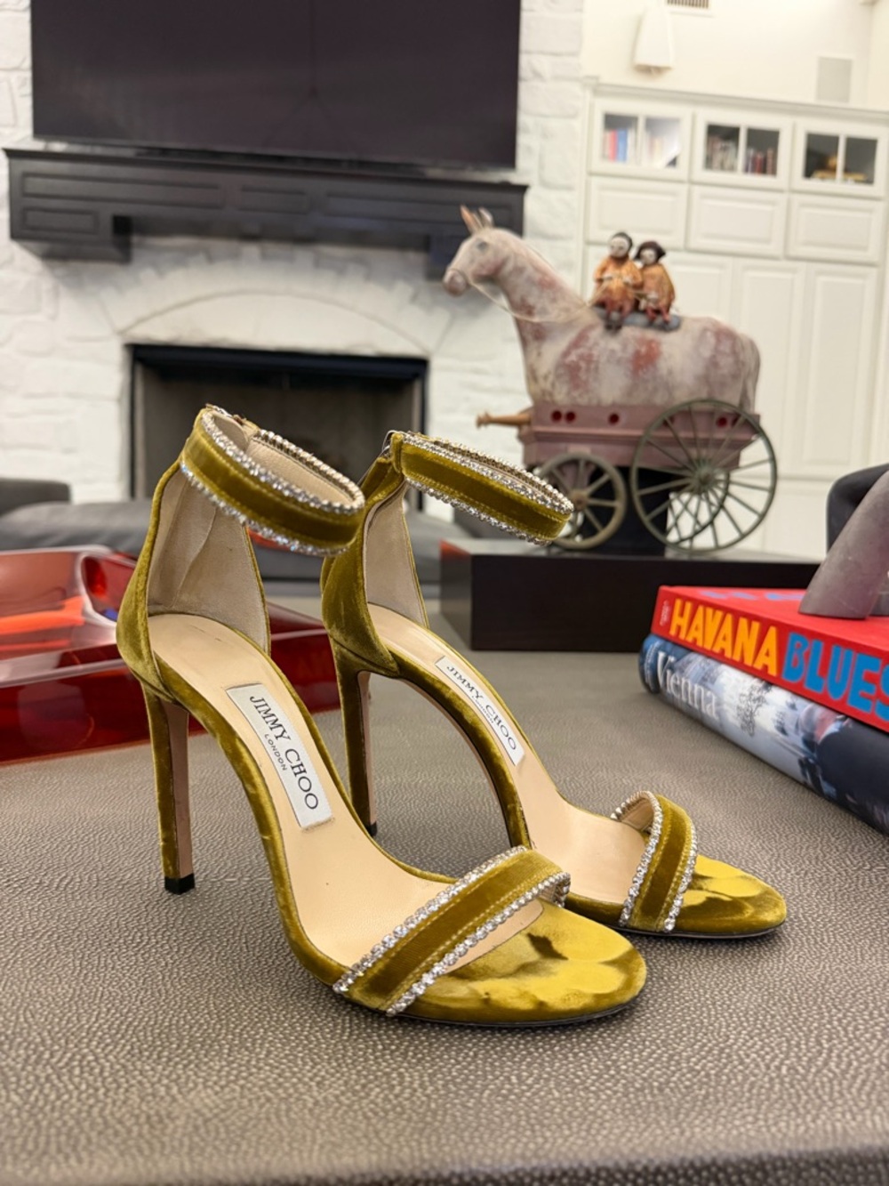 Jimmy Choo Women's Olive Velvet Crystal Ankle-Strap Sandals